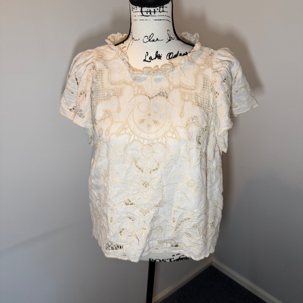 Anthropologie Maeve White Linen Blend Embroidered Eyelet Flutter Sleeve Blouse
